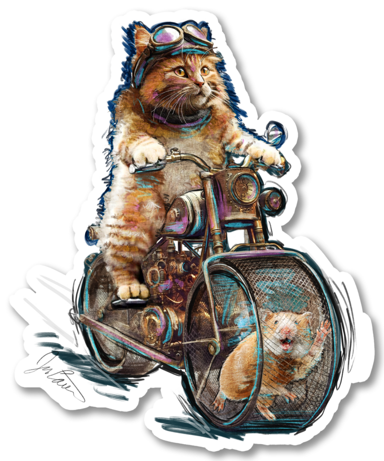 Cat on Hamstercycle Sticker 3.97x4