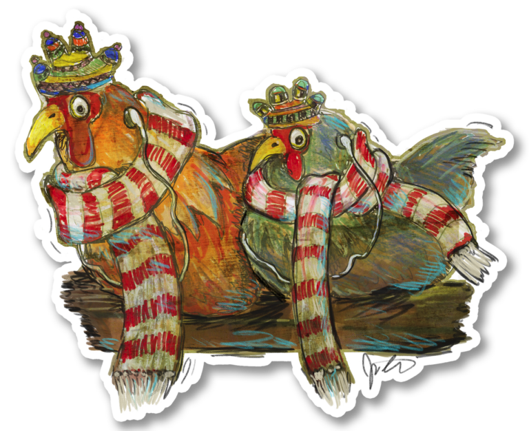 Chickens with scarves Sticker 4.25 x 3