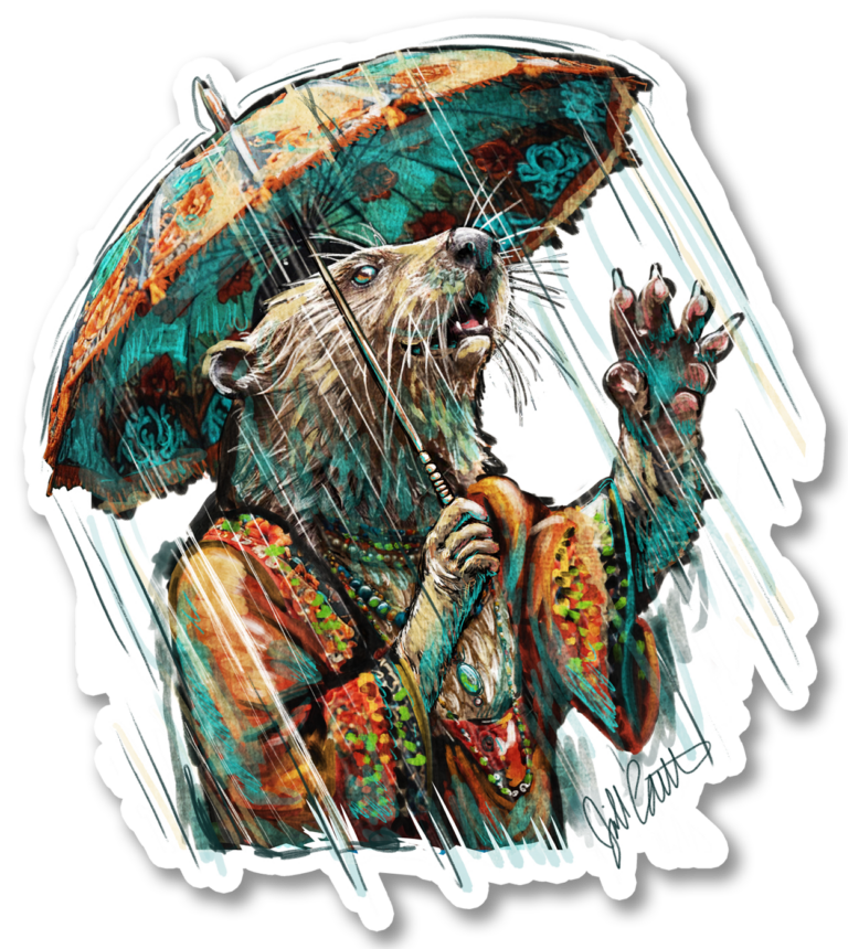Otter in Rain for sticker 3.95 x 4