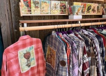 Upcycled Clothing at the Oregon Country Fair 2026 Poster Artist Booth