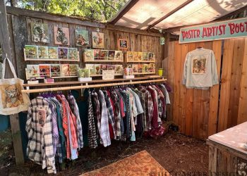 Upcycled Clothing at the Oregon Country Fair 2026 Poster Artist Booth